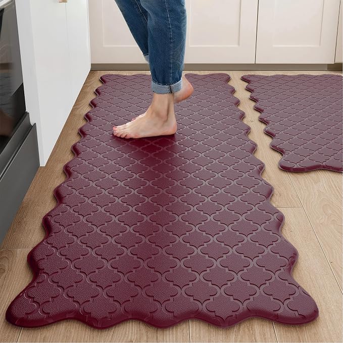 Arenarug Upgrade Scalloped Embossed Kitchen Mats for Floor 2PCS Cushioned Anti Fatigue Waterproof Foam Kitchen Rugs Non Slip Washable Comfort Standing Mat for Sink Laundry, 17.3"x30"+17.3"x59", Red