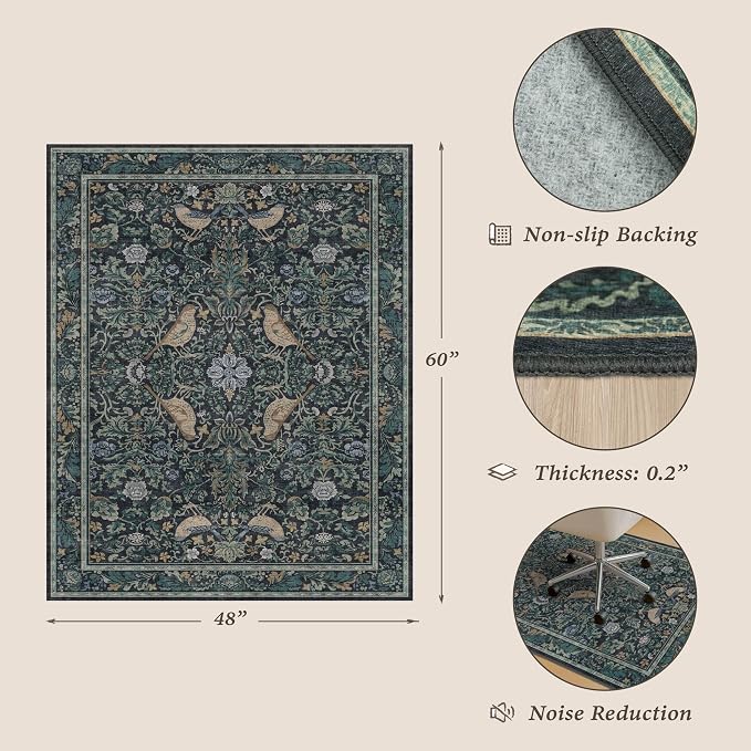 Traditional Blue Washable 4x5 Blue Office Chair Mat for Hardwood Floors, Anti-Slip Floor Protector for Computer Chair with Bird Pattern, Low Pile Carpet for Rolling Chair, Botanical Stain Resistant