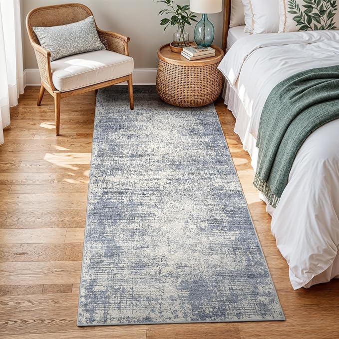 3x6 Kitchen Washable Runner Rug - Non-Slip Hallway Rugs with Rubber Backing Abstract Neutral Low-Pile Carpet Runners for Laundry Room Home Decor Bedroom Bathroom Entryway (Blue Gray,3x6)