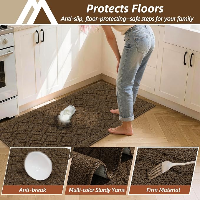 COSY HOMEER Kitchen Rugs 24"x35" Non-Slip Washable Kitchen Mats for Floor Polypropylene Absorbent Kitchen Floor Mat for Kitchen Sink Entryway,Brown
