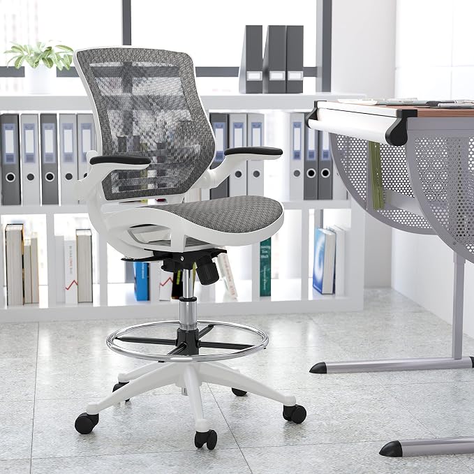 Flash Furniture Waylon Mid-Back Swivel Office Chair with Adjustable Foot Ring and Seat Height, Ergonomic Mesh Chair with Armrests, Gray/White | White Frame, Mid-Back, Flip-Up Arms, Mesh Back