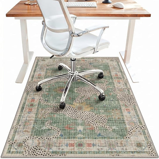 48"x72" Office Chair Mat for Hardwood Tile Floor, Under Desk Carpet Protector for Rolling Computer Chair Mat, Machine Washable Area Rug, Anti-Slip 1/5" Thick Low Pile Thin Floor Mat, Leopard Green