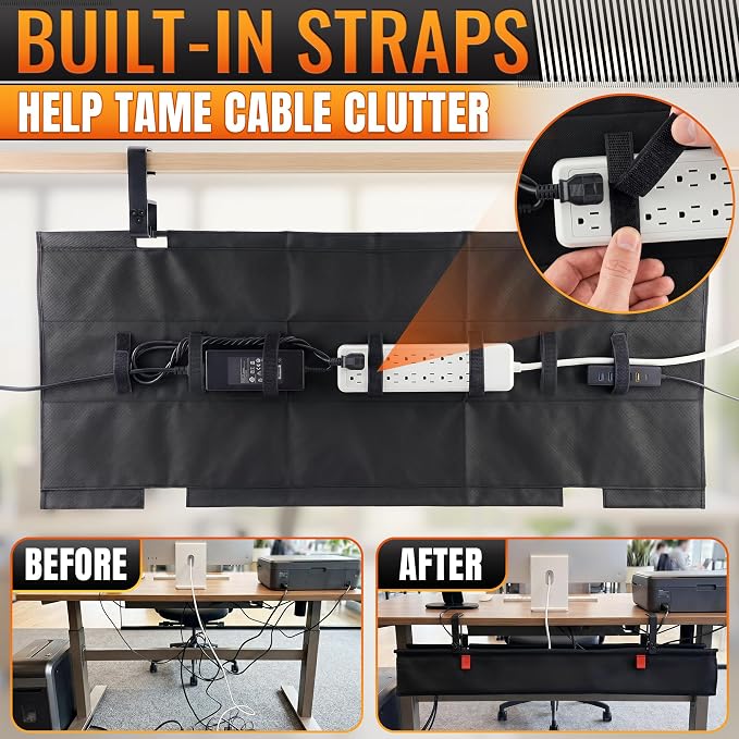 Under Desk Cable Management Tray 36" — No Drill Clamp-On Cord Organizer for Desk with Built-in Ties, Heavy Duty Metal Clamp, Foldable 600D Oxford Fabric for Home Office, WFH & Gaming PC Setup (Black)