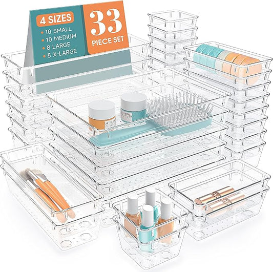 StorMiracle 33 PCS Clear Plastic Drawer Organizers Set, 4 Size Desk Drawer Organizer Trays for Makeup, Jewelry, Kitchen Utensils, Gadgets and Office Accessories