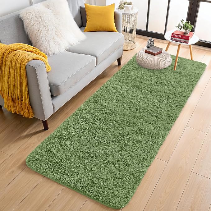 OLANLY 2x8 Machine Washable Runner Rugs for Hallway, Soft Fluffy Shaggy Bedside Rugs for Bedroom, Living Room, Indoor Floor Carpet for Kids Girls and Boys, Home Decor Aesthetic, Green