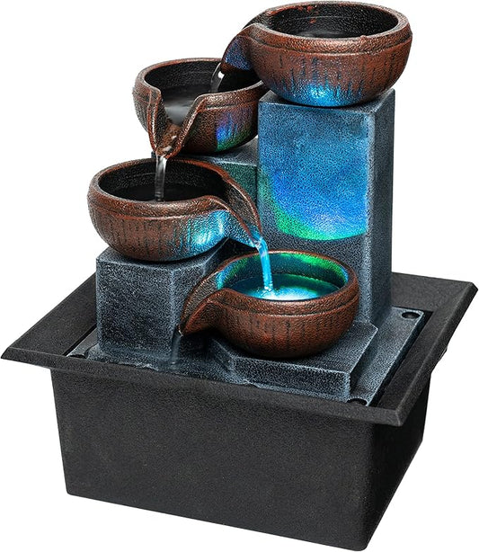 Father'sDen Collection Tabletop Water Fountain-Water Fall Fountains-Indoor Desktop Fountain with Audible Calming Waterfall Sounds for Feng Shui Effect-Cascading LED Color Lighting