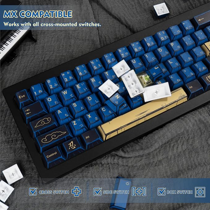 Blue Samurai Manga Japanese Themed Keycaps 130 Keys, Cherry Profile PBT Custom Key Caps Set, Dye Sublimation Keyboard Keycaps for Cherry Gateron MX Switches Mechanical Keyboard