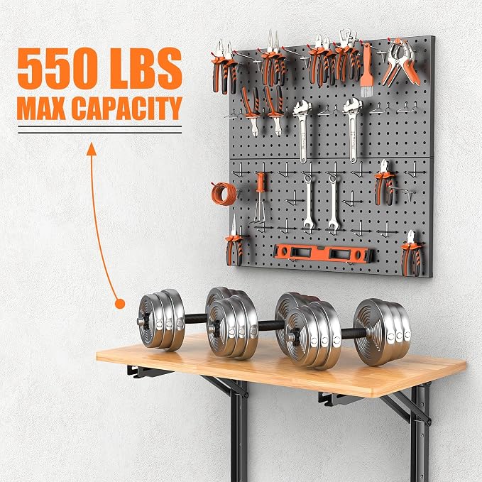 TORACK Wall Folding Workbench with Pegboard Kit, Space-Saving Collapsible Wall Table/Desk for Garage Workshop, Holds Up to 550 lbs(Board Size: 47.25 x 22.75 in)