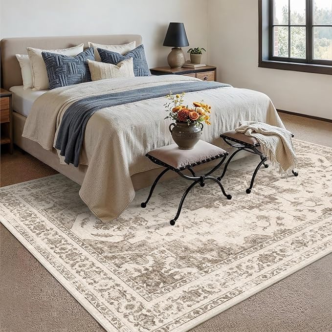 6x9 Vintage Washable Area Rugs Boho Medallion Large Distressed Retro Accent Carpet Floral Non-Slip Soft Low Pile Indoor Throw Rug for Living Room Bedroom Dining Room Office Kitchen, Taupe