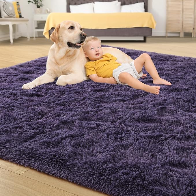 Tepook 5x8 Area Rugs for Living Room, Soft Fluffy Shag Gray Purple Rug for Bedroom Nursery, Modern Shaggy Plush Upgraded Non-Slip Carpet for Girls Boys Kids Room Dorm Home Decor
