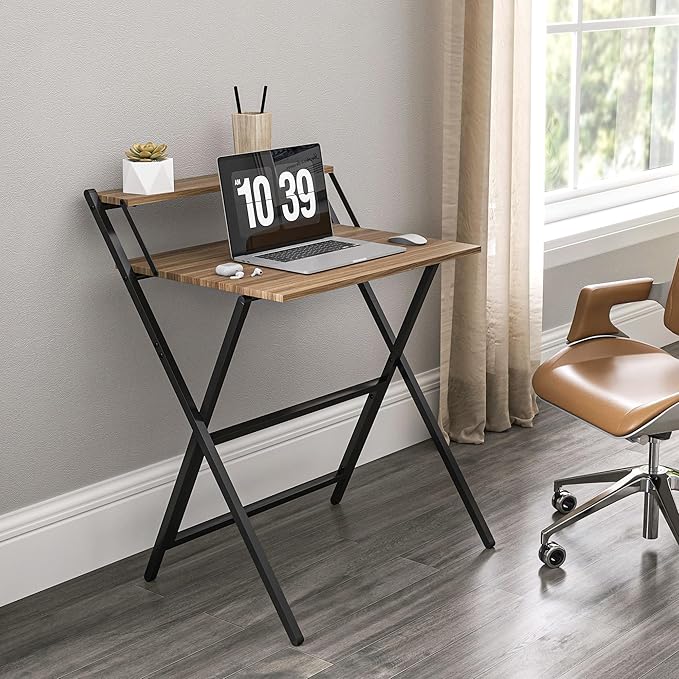 HOMCOM Small Folding Desk, 27.6 Inch Foldable Computer Desk with Monitor Shelf, Space Saving Portable Writing Table for Small Spaces, Home Office, Study, Easy Assembly, Walnut