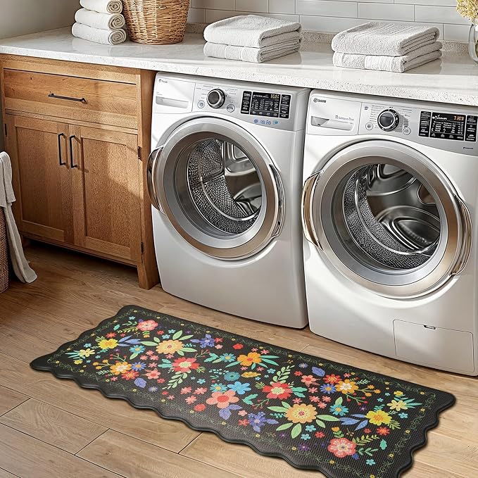 GENIMO Anti Fatigue Kitchen Mats for Floor 2PCS, Cushioned Standing Mats | 17.3"x47"&17.3"x30", Mix Black vintage floral rug set, waterproof, non slip, easy-clean for farmhouse