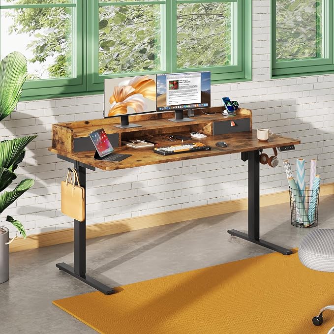 DEVAISE 55 Inch Standing Desk with Sheft, Ergonomic Computer Desk, Rustic Brown
