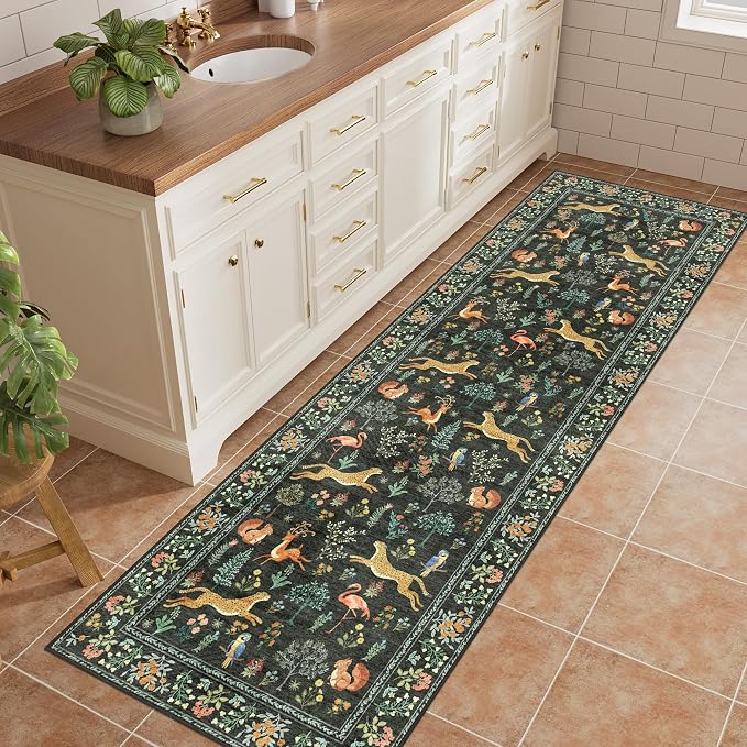 DUKINO 2.6x8 Rug for Hallway, Washable Kitchen Runner Rug with Non Slip Backing, Soft Low Pile Vintage Animal Runner for Bedroom, Kitchen, Hallway, Entryway, Laundry, Black