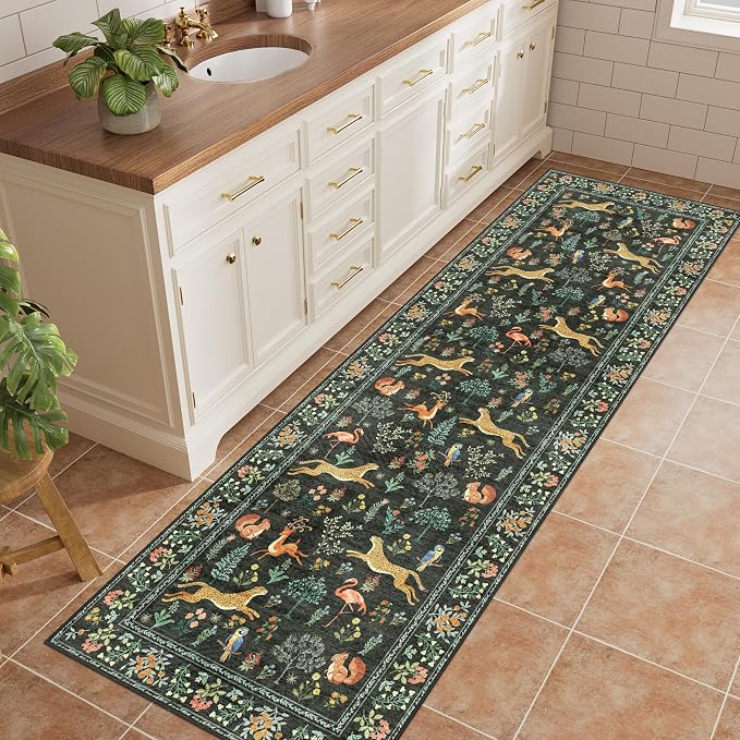 DUKINO 2x6 Rug for Hallway, Washable Kitchen Runner Rug with Non Slip Backing, Soft Low Pile Vintage Animal Runner for Bedroom, Kitchen, Hallway, Entryway, Laundry, Black