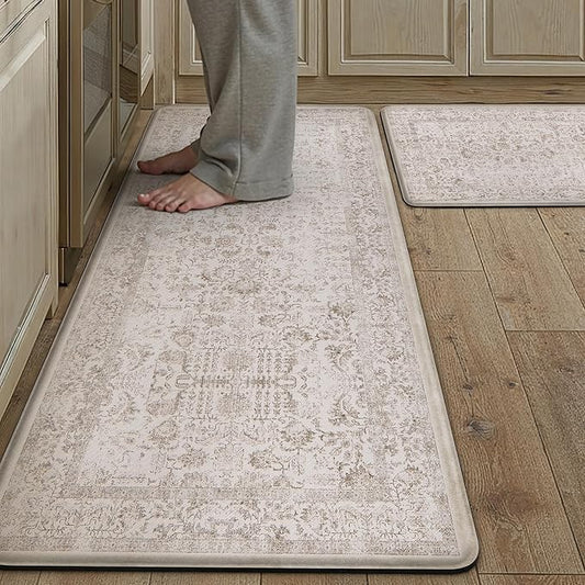 PureCozy Kitchen Mats 2PCS Anti Fatigue Cushioned Mat Light Brown Vintage Kitchen Mats for Floor Waterproof Non Slip Comfort Standing Retro Floral Rug for Sink Laundry Office 17.3"x47"+17.3"x30"