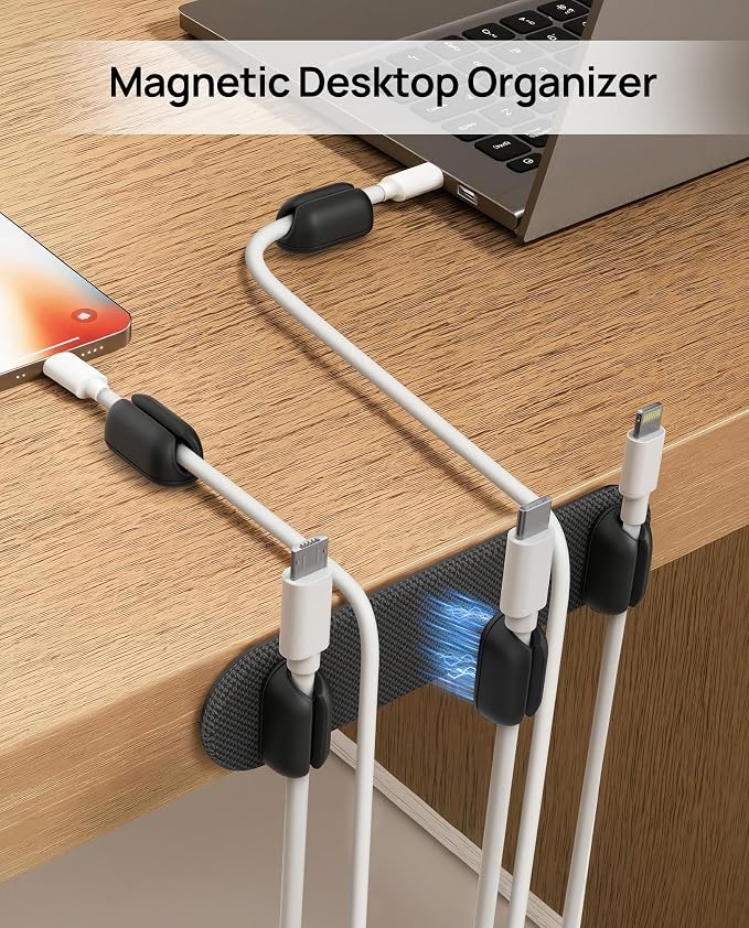 6 Pack Magnetic Cable Holder [2 in 1 Magnet & Adhesive] Cable Clips Silicone for Phone Charger, SODI Minimalist Cord Holder for Nightstand, Adhesive Cord Organizer for Desk, Car, Office (5-Black)