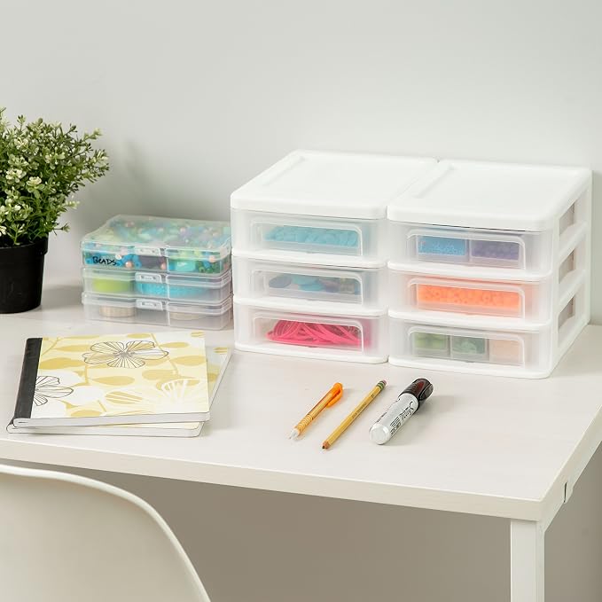 IRIS USA 4-Pack 3-Drawer Small Desktop Organizer, Stackable, White | Organize office supplies, stationery, makeup, craft materials and everyday essentials for neat desktop storage