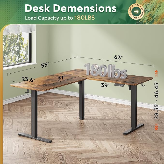 DEVAISE 63 Inch Standing Desk, L Shaped, Ergonomic Computer Desk, Black, Rustic Brown