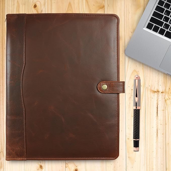 Leather Portfolio, Leather Binder with Pen, Resume Organizer & Padfolio for Men and Women | Business Portfolio with Card Holder & Document Organizer (Brown)