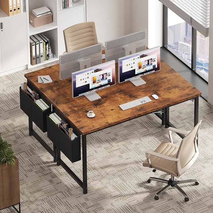 OLIXIS 55 Inch Computer Desk for Home Office, Writing Study Craft Gaming Table, Modern Computer Workstation with Storage Bag and Headphone Hook for Bedroom Small Spaces, Rustic Brown