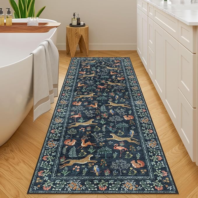 DUKINO 2x6 Rug for Hallway, Washable Kitchen Runner Rug with Non Slip Backing, Soft Low Pile Vintage Animal Runner for Bedroom, Kitchen, Hallway, Entryway, Laundry, Navy Blue