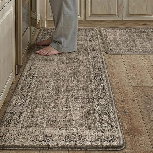 PureCozy Kitchen Mats 2PCS Anti Fatigue Cushioned Mat Brown Vintage Kitchen Mats for Floor Waterproof Non Slip Comfort Standing Distressed Rug for Sink Laundry Office 17.3"x47"+17.3"x30"