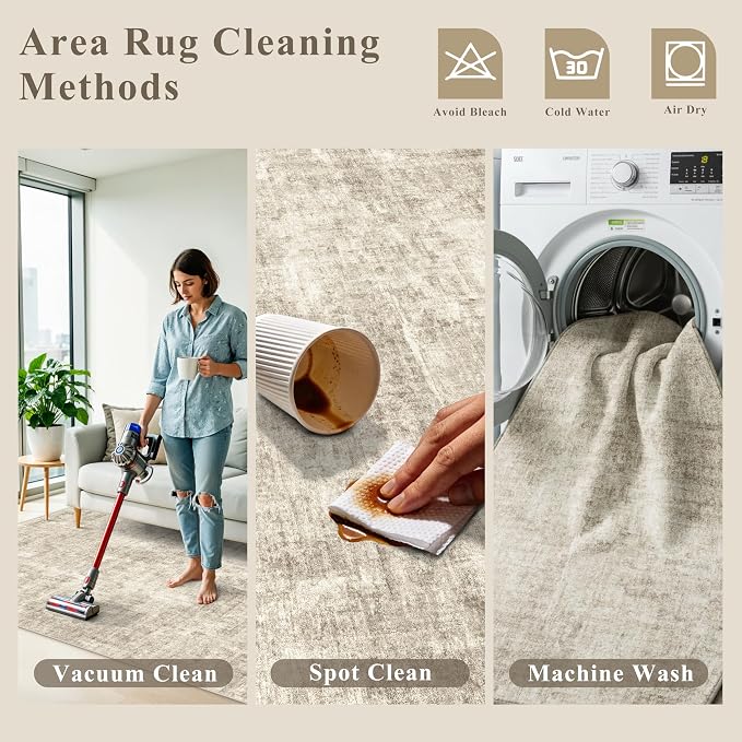 12x12ft Square Living Room Rug – Non-Slip Washable Extra Large Floor Carpet for Bedroom, Dining Room, Playroom Room – Modern Abstract Neutral Thin Low-Pile Big Indoor Rug (Warm Beige)