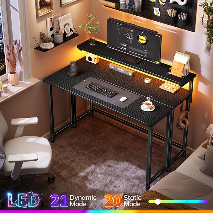 Folding Desk,Foldable Computer Desk with Monitor Stand,39.4 Inch Gaming Desk with LED Lights & Hooks,Space Saving Sofa Table for Couch,Home Office Desk for Bedroom Living Room,Black