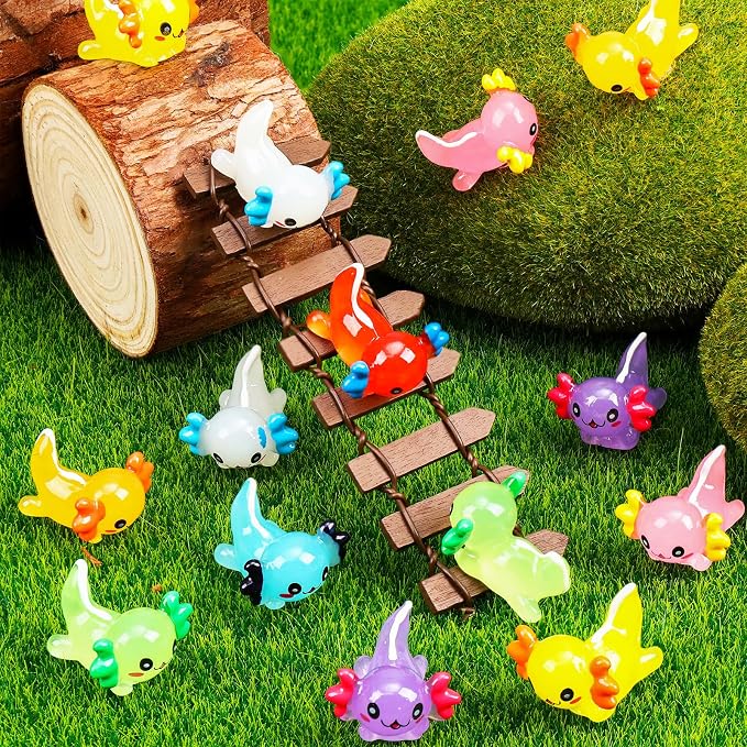 64PCS Luminous Mini Resin Axolotl 8 Colors Glow in The Dark Small Little Resin Axolot to Hide Bulk Miniature Plastic Animal Figures for Micro Landscape Dollhouse Fairy Garden Aquarium Potted DIY Decor