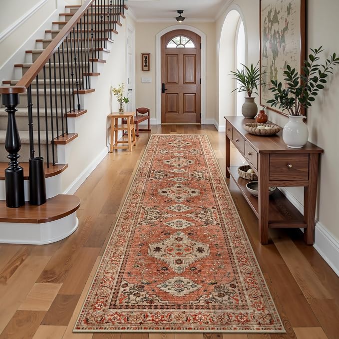 Tangsoo Boho 16ft Runner Rug for Hallways 2.6x16 Washable Hallway Runner Rug, Non Slip Vintage Soft Low Pile Long Rug Runner, Oriental Terracotta Carpet Runners for Living Room Kitchen Bedroom