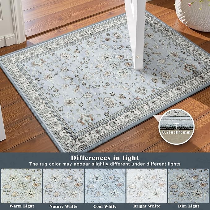 4x6 Light Blue Washable Boho Area Rug for Living Room, Vintage Floral Non Slip Bedroom Rugs, Wool Low Pile Indoor Mat, Aesthetic Pattern Carpet for Kitchen, Office and Bedside