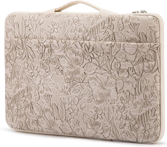 Kinmac Embossed PU Leather 360° Heavy Duty Protective Laptop Sleeve with Poacket (Apricot Flower, 14 inch-14.6 inch)