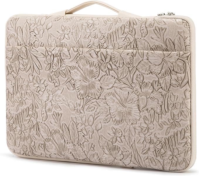 Kinmac Embossed PU Leather 360° Heavy Duty Protective Laptop Sleeve with Poacket (Apricot Flower, 12.5 inch-13.6 inch)