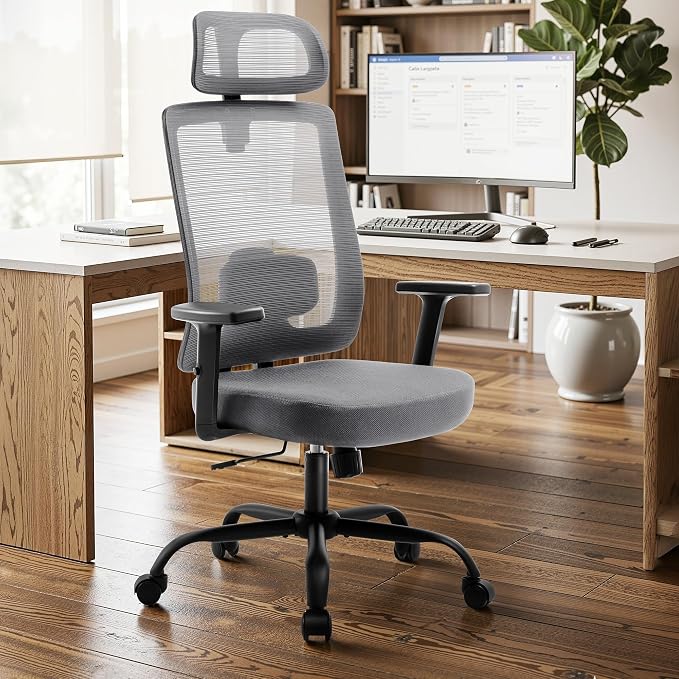 Shintenchi Mesh Office Chair, Ergonomic Home Office Desk Chair with Adjustable Lumbar Support, Headrest, 90°-135° Tilt, Computer Chair for Home Office, Gray Task Chair