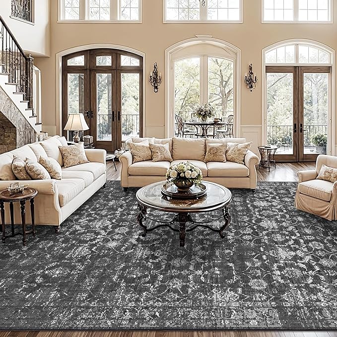 10x12 Black Washable Area Rugs for Living Room Vintage Boho Non Slip Large Rug Distressed Floral Carpet Indoor Retro Soft Low Pile Farmhouse Throw Rug for Bedroom Dining Nursery Office