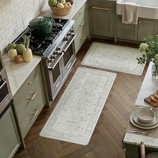 Kitchen Mats 2PCS Anti Fatigue Cushioned Mat Light Green Vintage Kitchen Mats for Floor Waterproof Non Slip Comfort Standing Retro Floral Rug for Sink Laundry Office 17.3"x47"+17.3"x30"