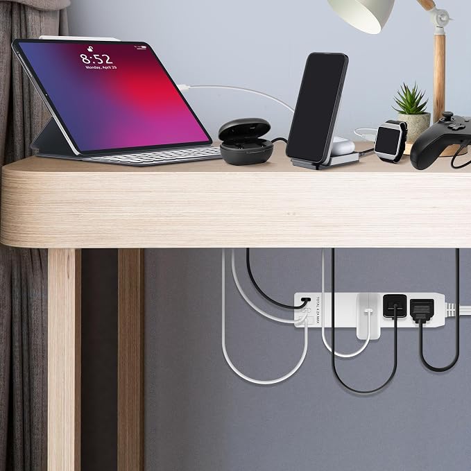 LIDER Outlet Extender with 3 Receptacles, USB-A & 2 USB-C Ports, Ultra-Thin Flat-Plug with Cord Extender, 3-Outlet Power Strip, Slim Angled Design, 5ft Cord, 1250W, ETL Listed, Matte White