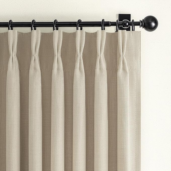PleatedDrapes Room Darkening Natural Linen 84 Inch Curtains for Living Room, Modern Pinch Pleat Warm Beige Blackout 2 Layer Viral Curtain Thermal Sound Dampening Window Drape 84 Inches Length 2 Panels