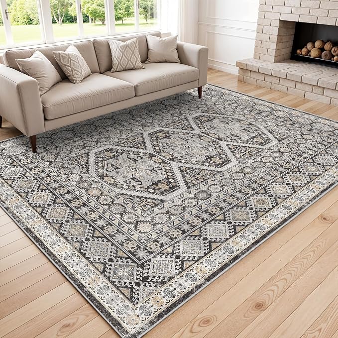 6x9 Area Rugs for Living Room:Washable Oriental Rug for Bedroom Dining Room Carpet 6 by 9 Indoor Non Slip Rubber Backing Neutral Nursery Dorm Home Office Kids Beige (Black, 6x9)