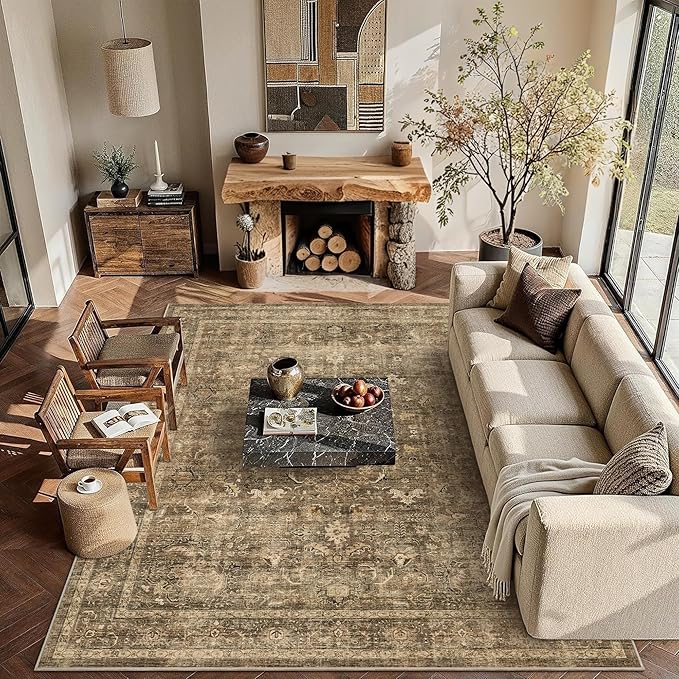 8x10 Brown Washable Area Rugs for Living Room Non Slip Low Pile Vintage Boho Throw Rug Soft Retro Distressed Floral Large Carpet Indoor Farmhouse Decor for Bedroom Dining Room Office Kitchen Playroom