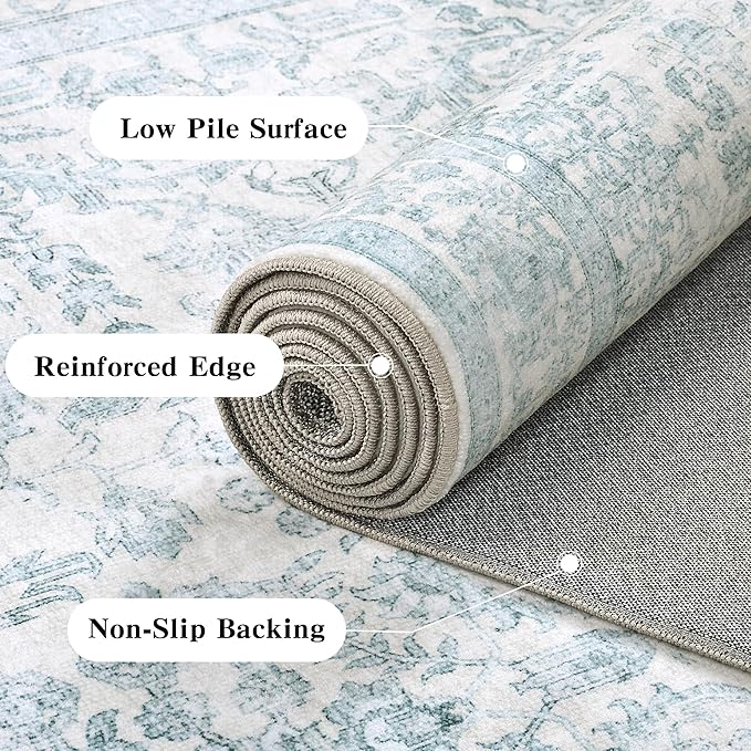 9x12 Blue Washable Area Rugs for Living Room Non Slip Low Pile Vintage Boho Throw Rug Soft Retro Distressed Floral Large Carpet Indoor Farmhouse Decor for Bedroom Dining Room Office Kitchen Playroom