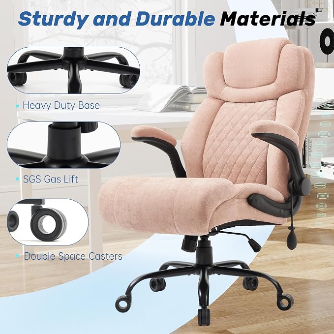 550LBS Big and Tall Office Chair, Comfy Heavy Duty Executive Chair with Adjustable Lumbar Support Double Spaces Casters, Fabric Extra Wide Seat Ergonomic Computer Desk Chair for Back Pain,Pinkcloth