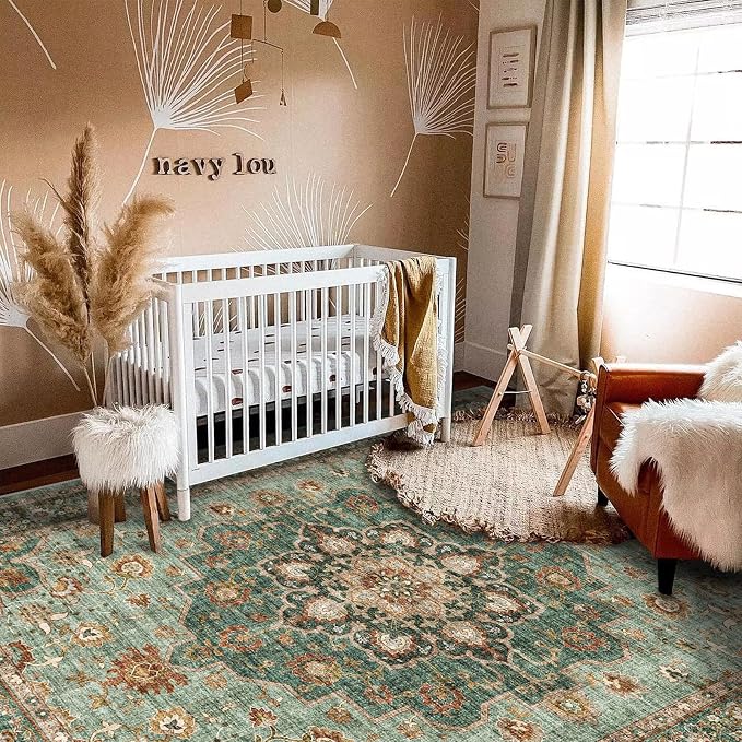 TOPRUUG Washable Oriental Area Rug - 5x8 Rugs for Living Room Soft Carpet for Bedroom Waterproof Floral Distressed Indoor Stain Resistant Non-Shedding Floor Carpets (Green, 5x8)