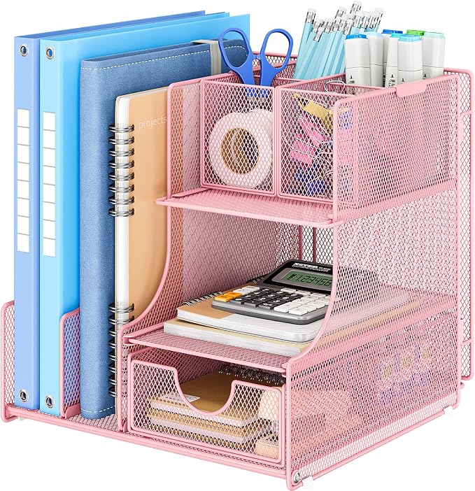 Lavatino Desk Organizer – 4-in-1 Pink Mesh Office Supplies Organizer with Pen Holder, File Holder, Desktop Tray, and Drawer for Home, Office, Classroom