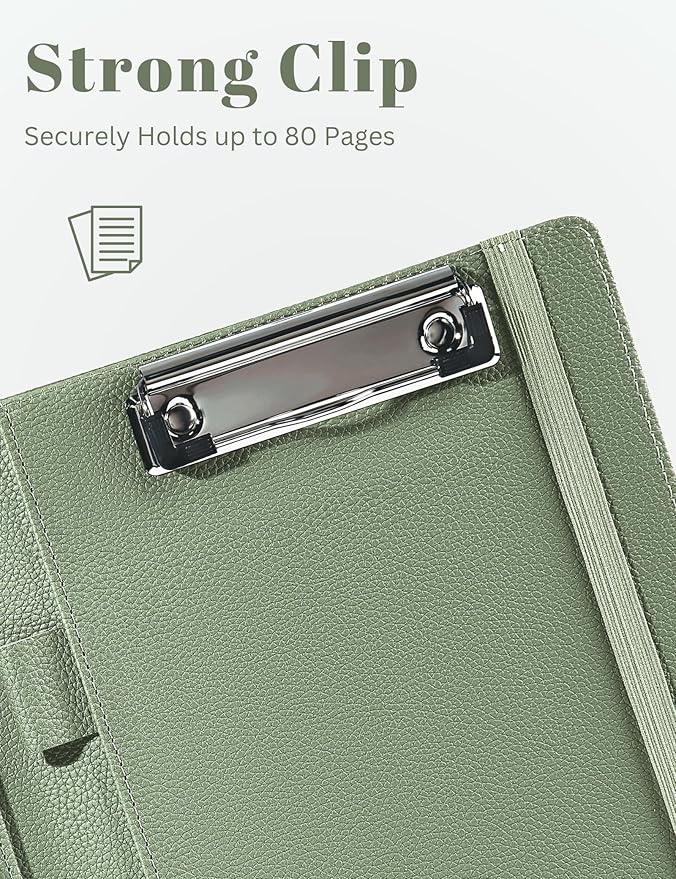 Mymazn Junior Padfolio Portfolio Folder, Small A5 Clipboard with Cover for 5'' x 8'' Writing Pad Notepad Holder for Business Office Men Women (Sage Green)