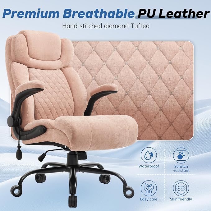 550LBS Big and Tall Office Chair, Comfy Heavy Duty Executive Chair with Adjustable Lumbar Support Double Spaces Casters, Fabric Extra Wide Seat Ergonomic Computer Desk Chair for Back Pain,Pinkcloth
