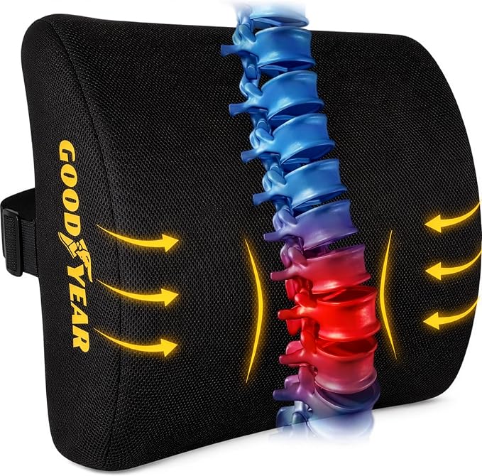Goodyear Ergonomic Lumbar Support Pillow for Office Chair, Gaming Chair, or Car, Memory Foam Cushion with Ventilated Mesh and Adjustable Strap for Long Lasting Comfort