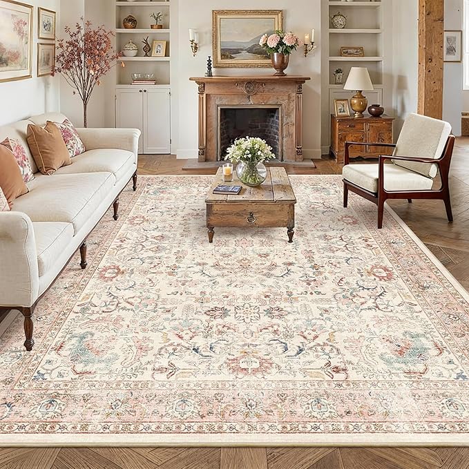 9x12 Pink Washable Area Rugs for Living Room Non Slip Low Pile Vintage Boho Throw Rug Soft Retro Distressed Floral Large Carpet Indoor Farmhouse Decor for Bedroom Dining Room Office Kitchen Playroom