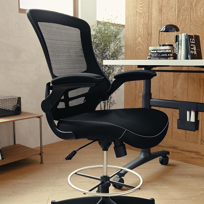 Flash Furniture Kelista Mid-Back Swivel Office Chair with Adjustable LeatherSoft Seat Height, Ergonomic Mesh Chair with Flip-Up Arms, Black | Leather soft Seat, Mid-Back, Flip-Up Arms, Mesh Back, Adjustable Foot Ring